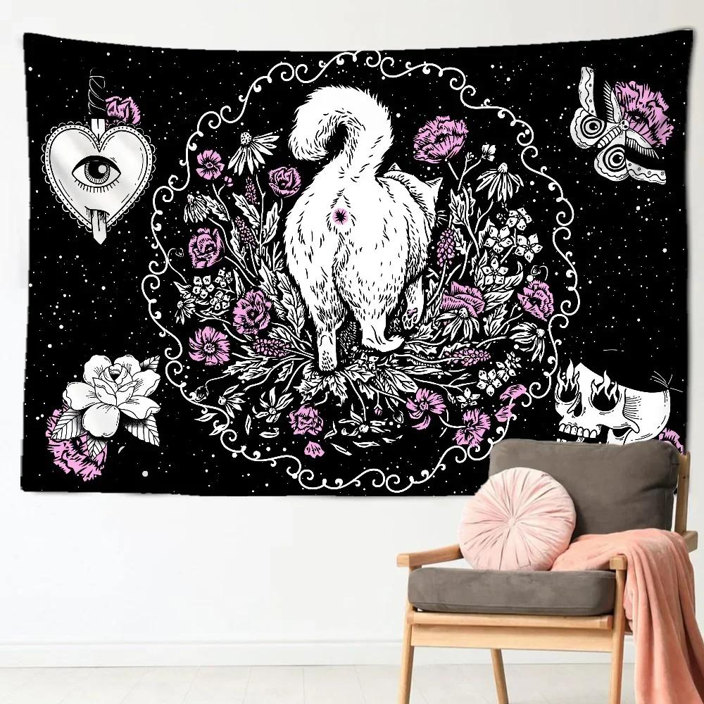 VIKAMA Witch Cat Tapestry Mystic Moon Star Wall Art Esoteric Divination Art Suitable for Living Room or Bedroom