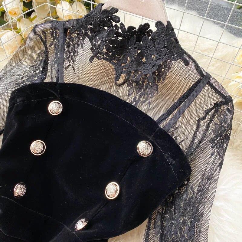 Office Sexy Puff Sleeve Mesh Lace Jumpsuit Women Fashion Double Breasted Elegant Jumpsuit Lady Korean Short Wide Leg Pants Casual Clothing 2024