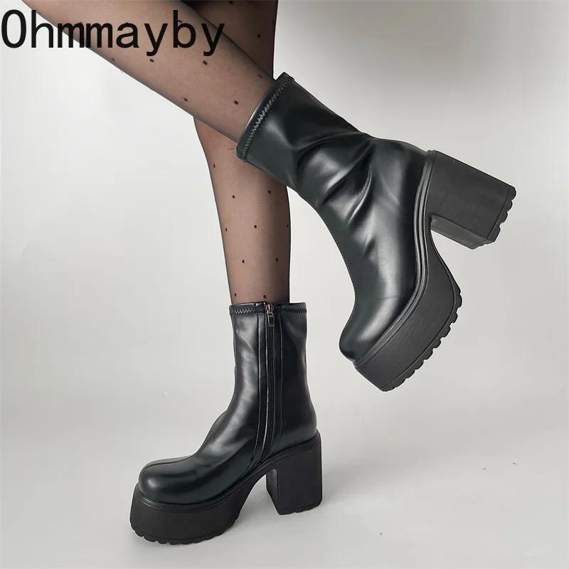 Женские короткие сапоги на платформе, модные ботильоны с боковыми молниями, туфли для ночного клуба на высоком квадратном каблуке, осенне-зимняя обувь