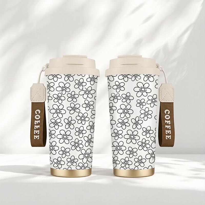 Coffee Mug 532ml Flower Element Lanyard Insulated Cup Outdoor Cup Large Capacity Cup Leakproof Coffee Cup Hot Cold Cup