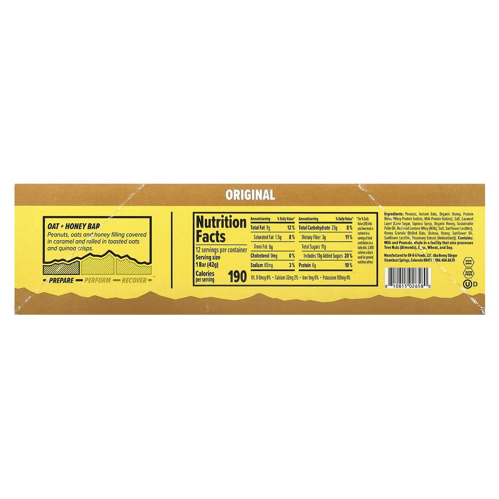 Honey Stinger, Oat + Honey Bar, Original, 12 Bars, 42 G (1.48 Oz) Each