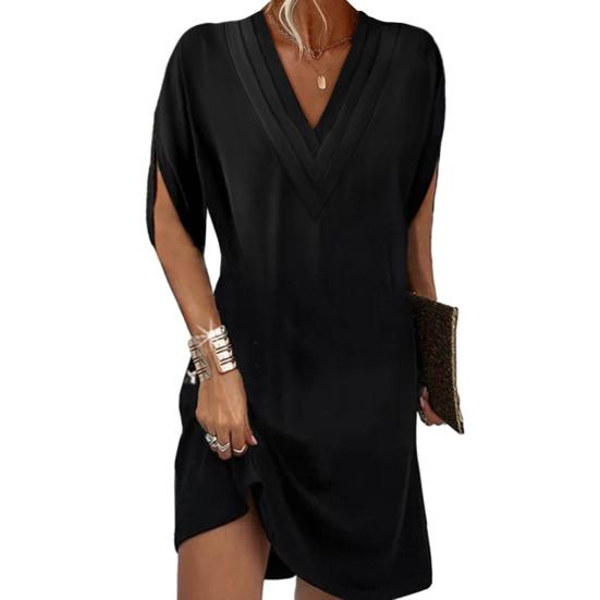 Женское платье с v-образным вырезом, плиссированное, с рукавами «летучая мышь», однотонное, свободное, мягкое, дышащее, мини-платье выше колена для поездок на работу