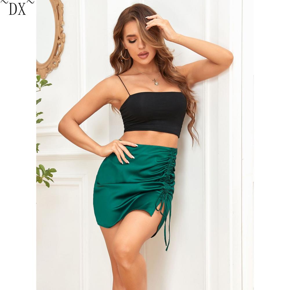 DX ~ ~ однотонная плиссированная юбка на бедрах с запахом, европейская и американская сексуальная атласная полуюбка с высокой талией на молнии, женское летнее платье