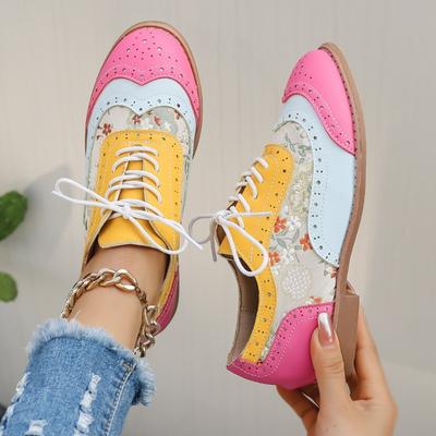 Весенне-осенние туфли-броги на плоской подошве, женские, цветные, на шнуровке, с круглым носком, повседневные женские туфли