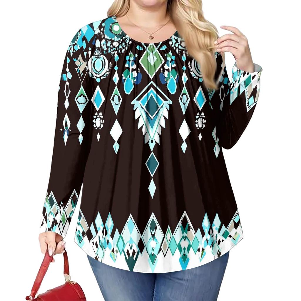 Женский модный топ большого размера с принтом, повседневный плиссированный, с круглым вырезом и длинными рукавами