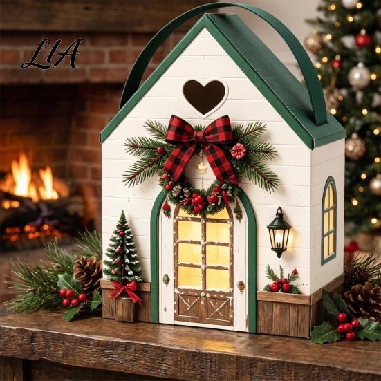 Decorative Paper Storage Boxes Christmas House Shaped Candy with Handles, Festive Cottage Gift Treat Containers for Cookies Party Favors And