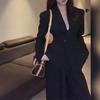 French High-End Black Blazer and High-Waist Slim Wide-Leg Pants Suit for Women - Autumn 2025 Fashion