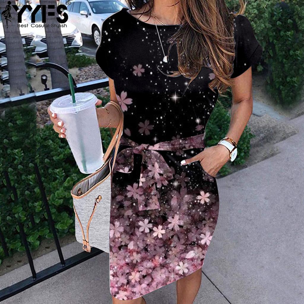YYFS Women's Fashion Summer Spring Short Sleeve O-Neck High Waist Casual Dresses