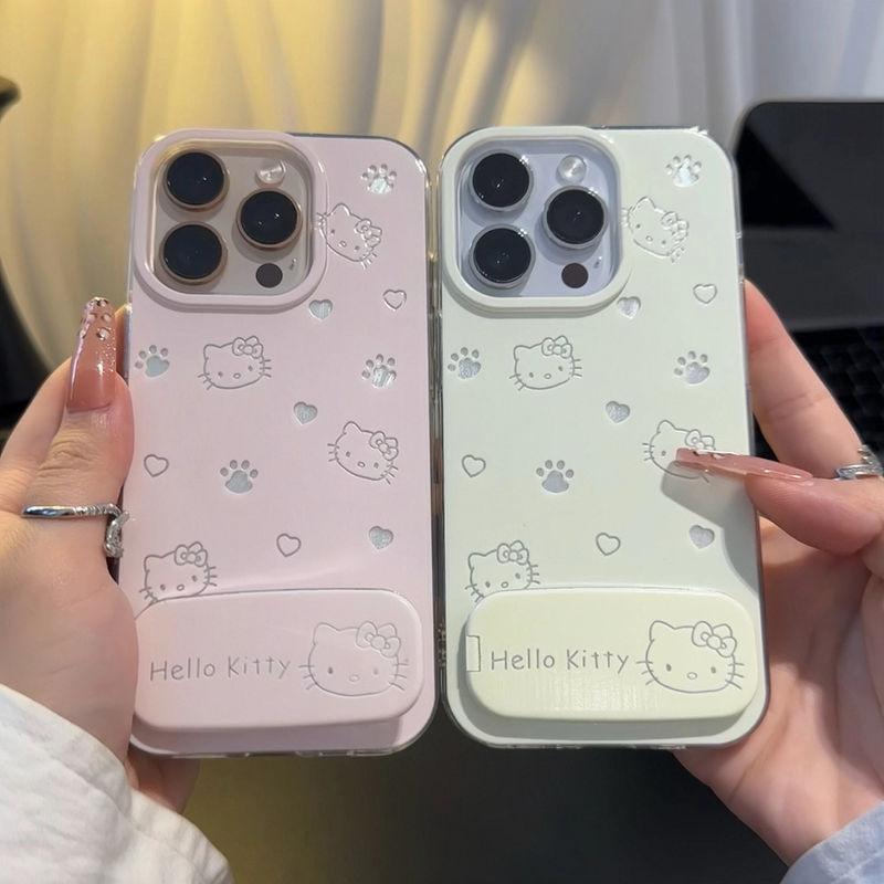Cute KT Cat Suitable for Apple 16 Mobile Phone Case IPhone 15pro Protective Case 14 Large Hole 13pro Mirror Bracket