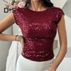 Женская футболка с круглым вырезом и коротким рукавом, топы с пайетками, открытая спина, облегающий крой, сексуальные топы для вечеринок, повседневная одежда