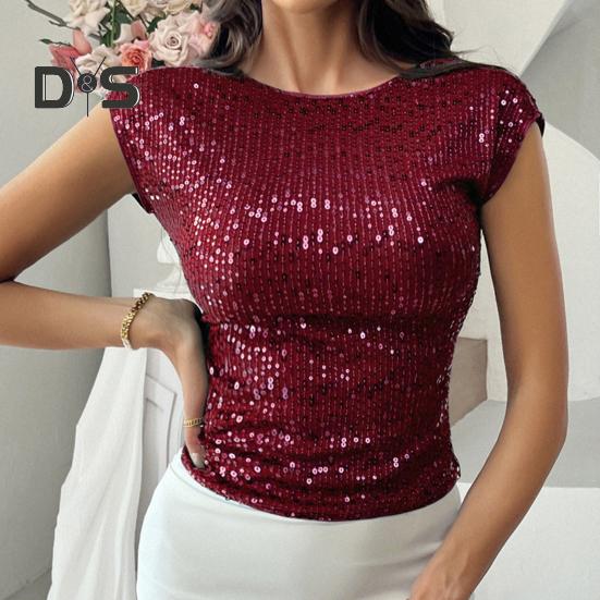 Женская футболка с круглым вырезом и коротким рукавом, топы с пайетками, открытая спина, облегающий крой, сексуальные топы для вечеринок, повседневная одежда