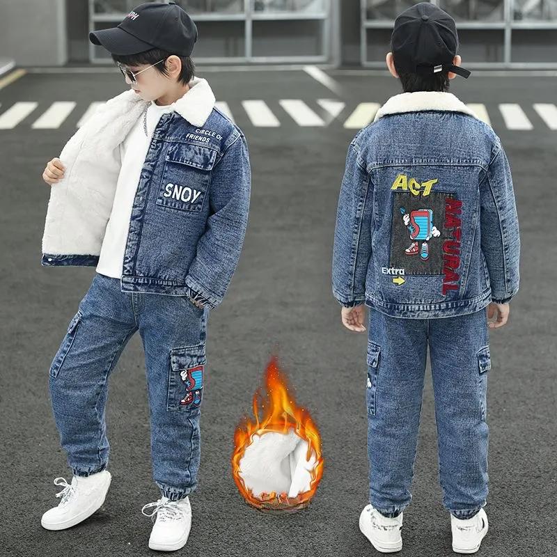 Children's Winter Suit Boys Thick Denim Jacket and Velvet Pants Two-piece Boys
