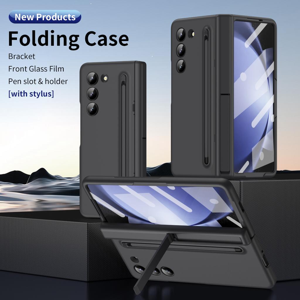 Чехол с держателем для ручки и слотом для Samsung Galaxy Z Fold 3 4 5 6 Fold5 с кронштейном для ручки, передняя стеклянная пленка, защитная пленка ZFold6, роскошный чехол