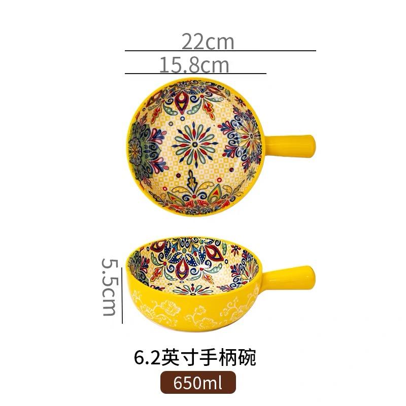 Bohemian Ceramic Handle Bowl, Home Creative Fruit Salad Bowl, Instant Noodle Bowl With Handle, Oven Baking Bowl, Heat-Resistant