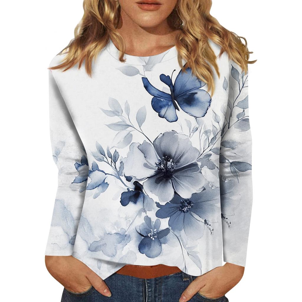 Женская мода повседневный топ с длинным рукавом и круглым вырезом с цветочным принтом