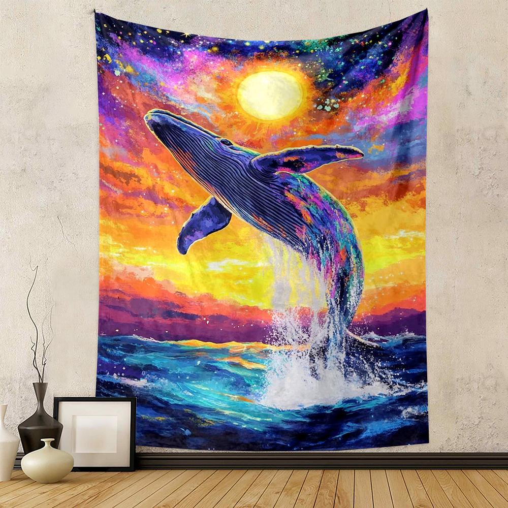 Colorful Whale Jumping in Sunset Ocean Patterned tapestry for bedroom and living room home decor