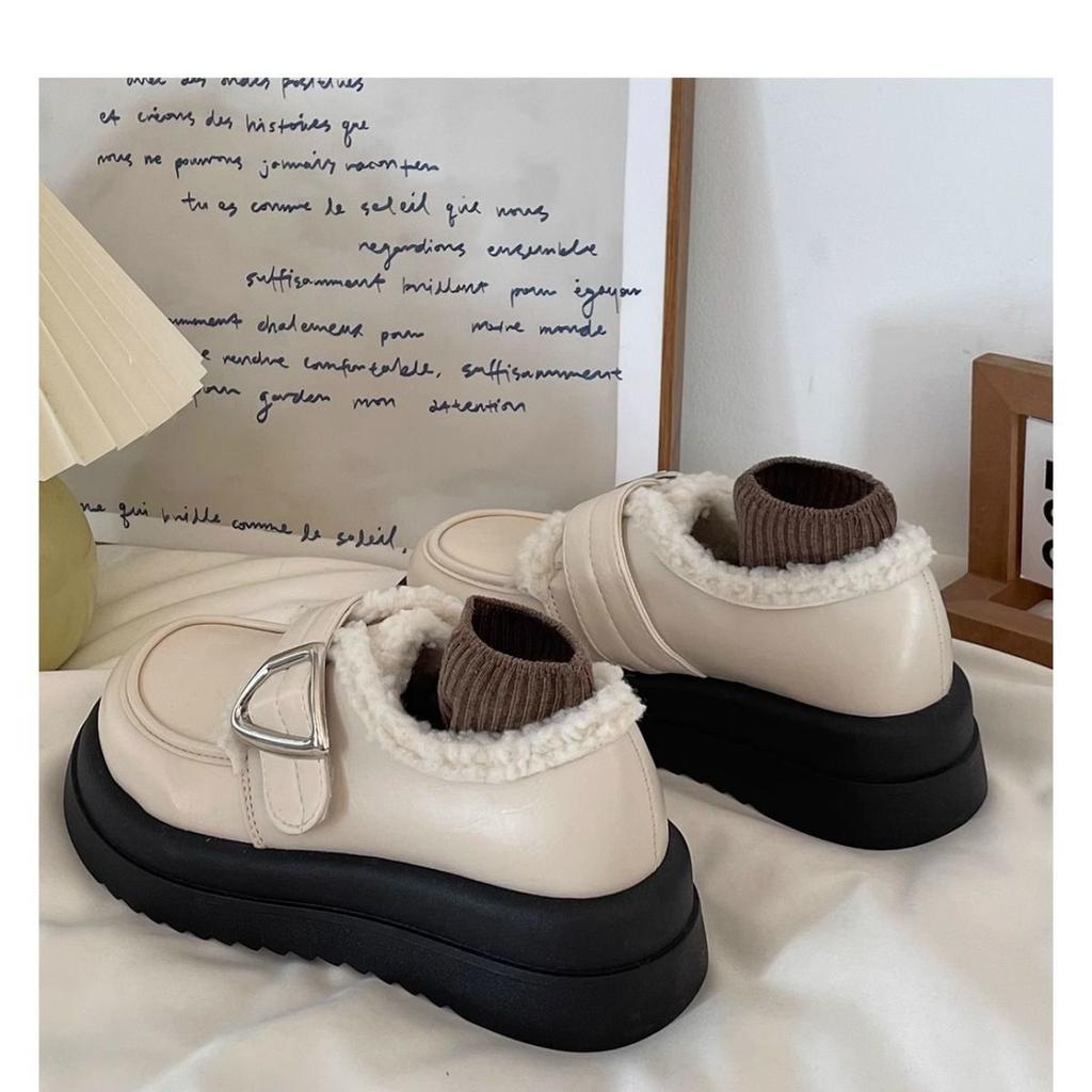 Platform Muffin Velvet Small Leather Shoes Women's 2025 New Autumn and Winter Warm Loafers Retro British Cotton Shoes