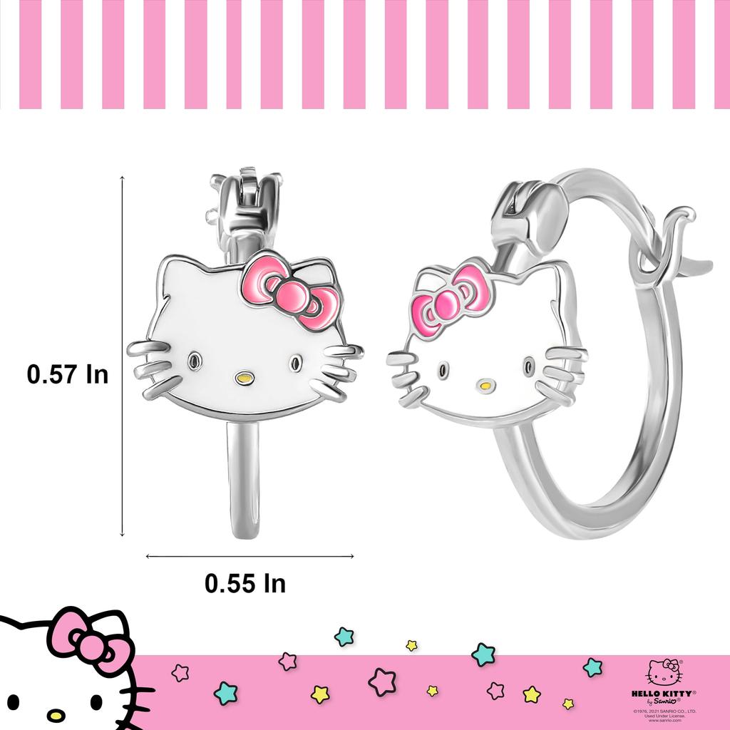 Hello Kitty Sanrio Hello Kitty Hoop Earrings Sterling Silver and Enamel Hello Kitty Earrings Officially Sterling No Gemstones Women's - Licensed,