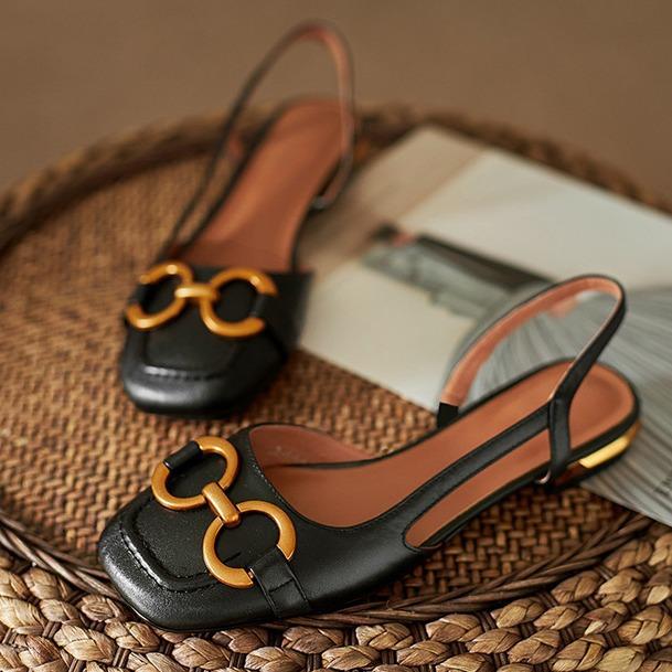 Корейская версия ретро-сандалий женские металлические пряжки в виде лошади сумка голова низкий каблук мелкий вырез задник открытый одинарная обувь с квадратным носком одинарная обувь