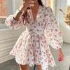 Summer V-Neck Lace Long Sleeve Dress Floral Printed Slim Fits Sexy Dress Sweet High Waist A-line Mini Dress
