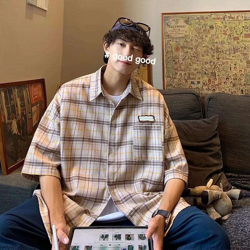 Весна и лето Ретро клетчатая рубашка для мужчин и женщин Летняя повседневная рубашка с короткими рукавами Куртка