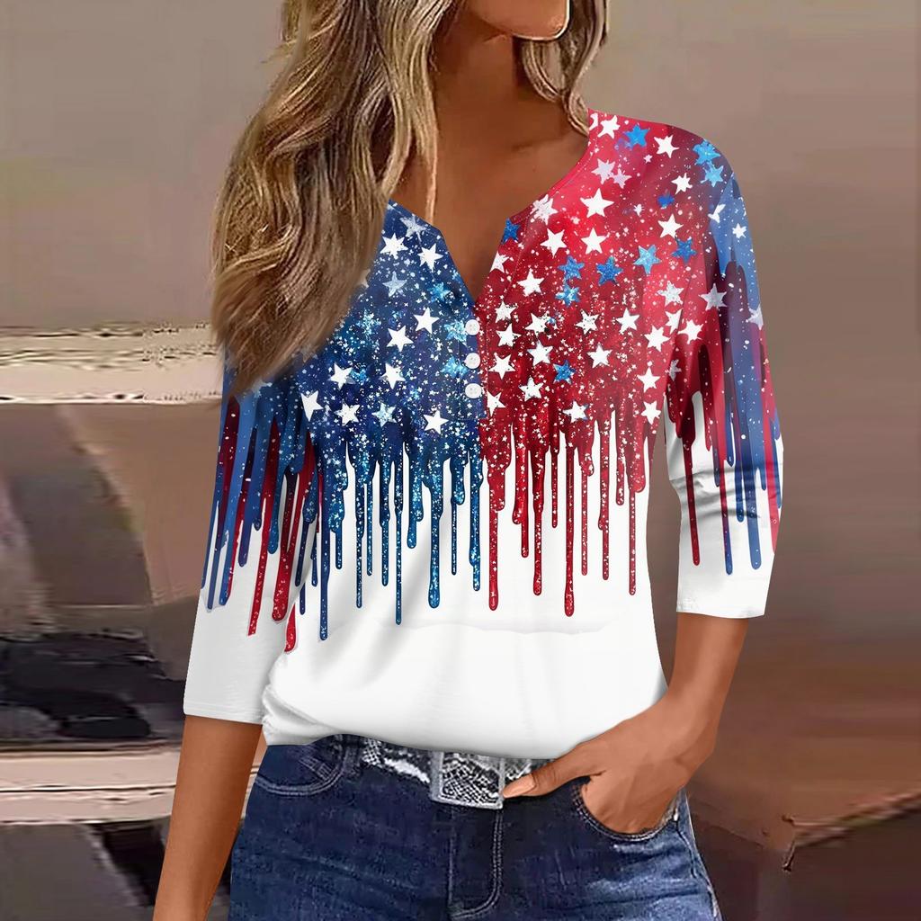 Жен. Футболка С принтом Пуговицы Рукав 3/4 Повседневные Выходные Мода Классический Классический V-образный вырез Обычный Верх