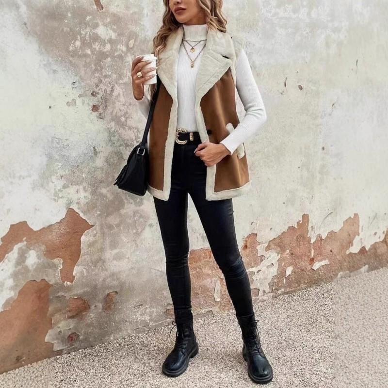 2026 Womens Faux Lamb Spliced Vest Mid-Length Sleeveless Casual Jacket Women