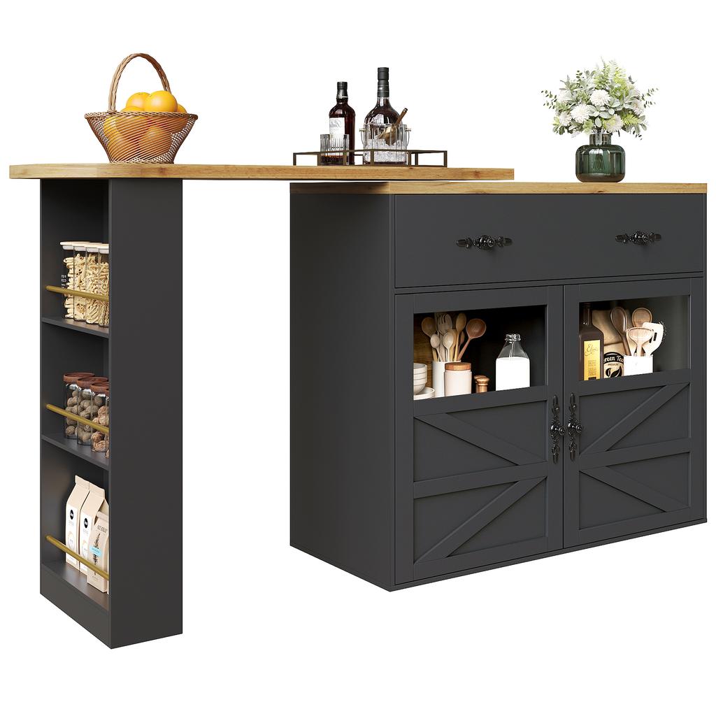 Extendable bar table with storage (138-204×39×104cm), 360° rotatable dining bar, kitchen island bistro table, sideboard cabinet with shelves, black