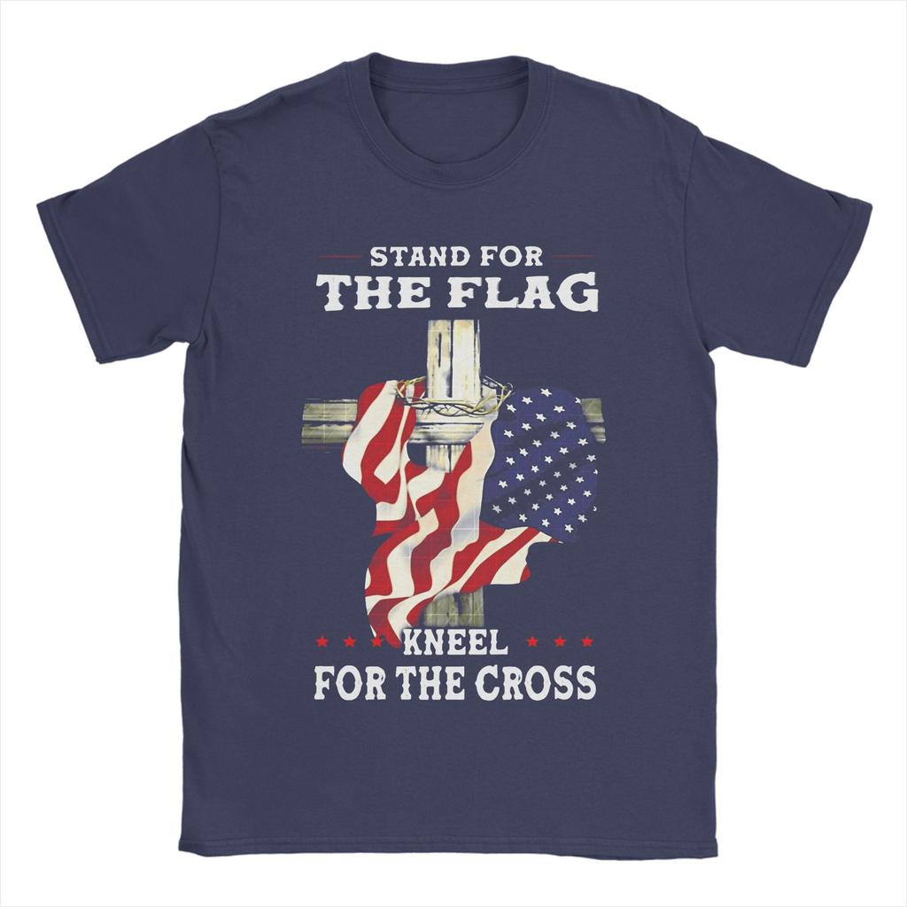 Stand For The Flag I Kneel For The Cross Cotton T Shirt Man Summer Aesthetic T Shirts O-Neck Fashion Tees Plus Size Tops