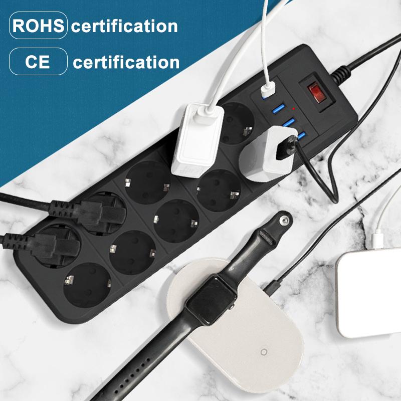 Проводная розетка, кабель 2 м, 10 розеток, 4 USB-порта для быстрой зарядки — черная розетка, европейская розетка с огнестойкостью и защитой от перегрузок
