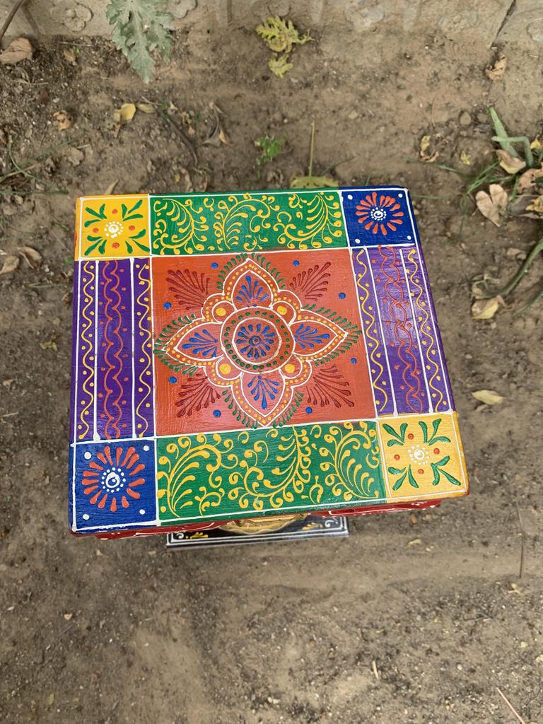 Hand Painted Wooden Chowki Pedestal Table | Indian Folk Art Statue Stand