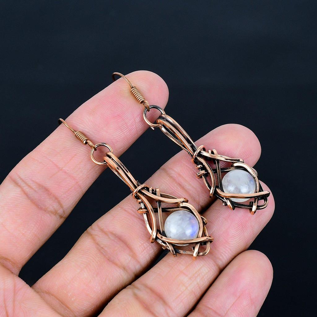 Серьги из радужного лунного камня, ювелирные изделия из драгоценных камней, серьги, обернутые медной проволокой 999 пробы, красивые серьги ручной работы