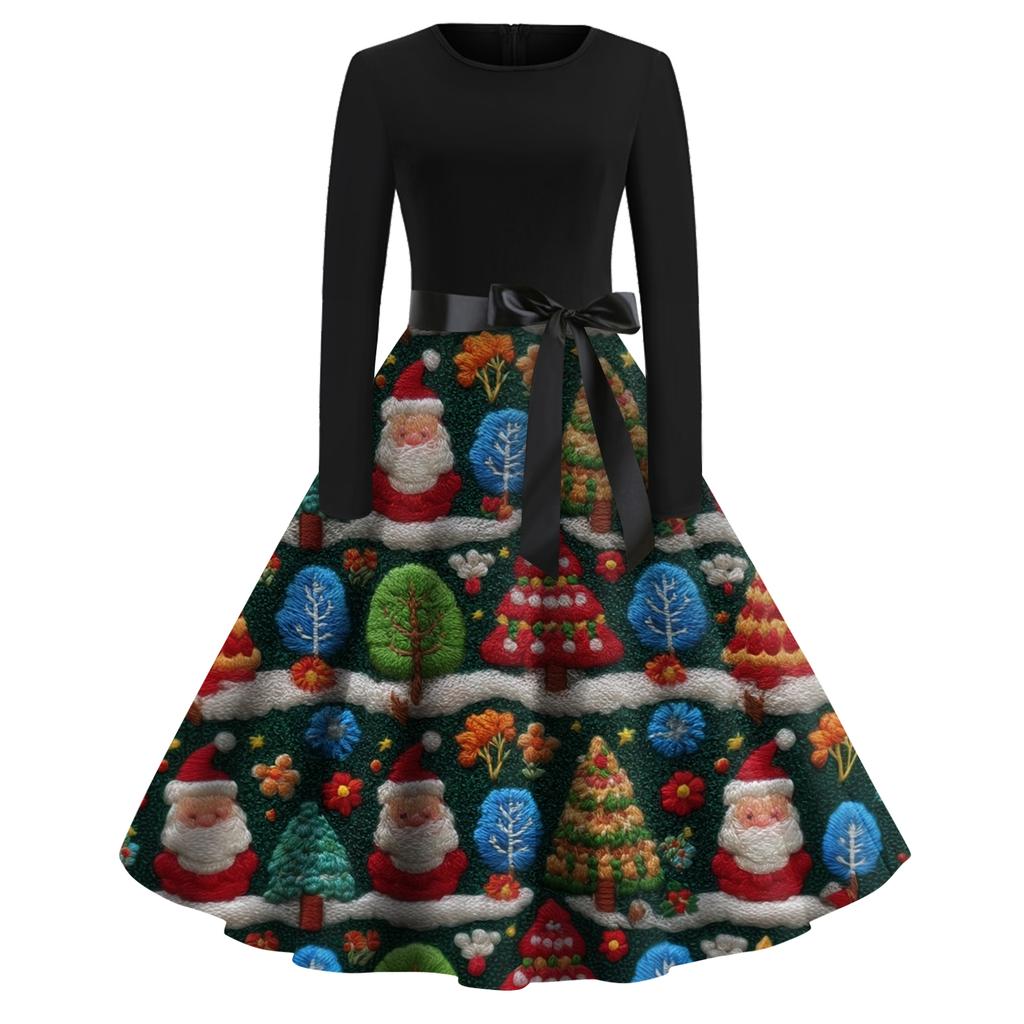 Женское модное повседневное платье приталенного кроя с круглым вырезом, рождественским принтом и длинными рукавами