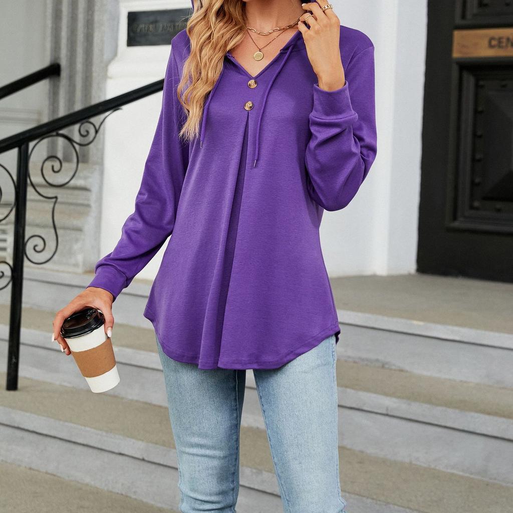 JKASHDK Женская мода на лето и весну, повседневные однотонные свободные блузки и рубашки с длинным рукавом и v-образным вырезом с принтом