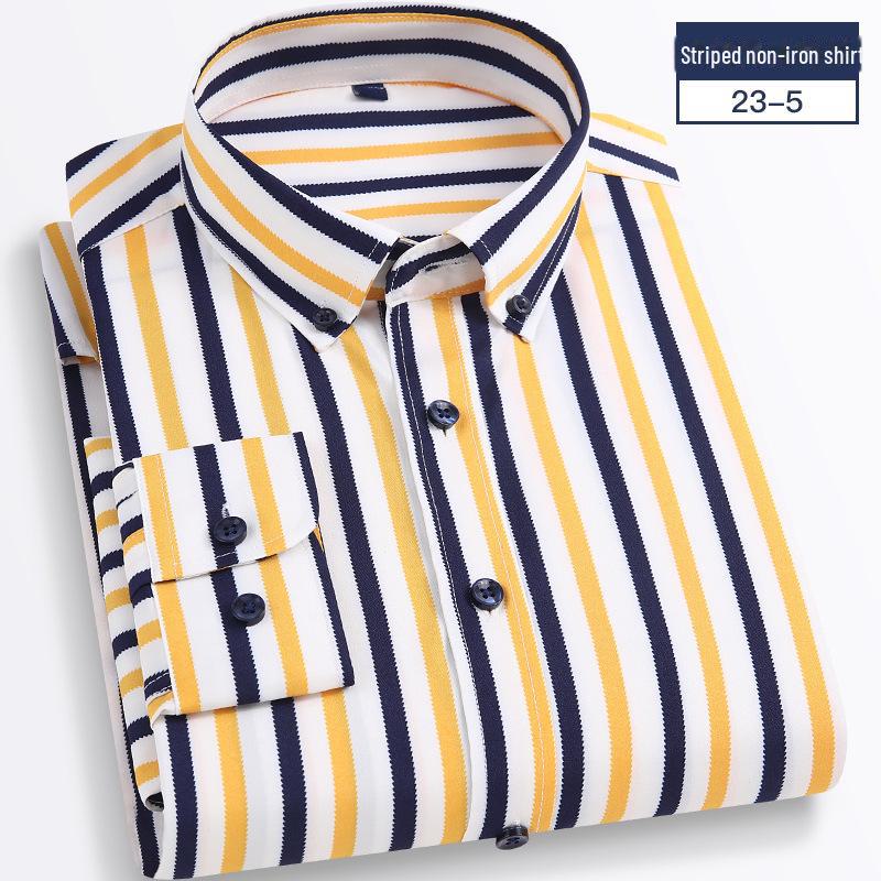 Мужская рубашка 2025 года в полоску, с длинным рукавом, облегающего корейского кроя — повседневная деловая одежда, не требует глажки, удобная.