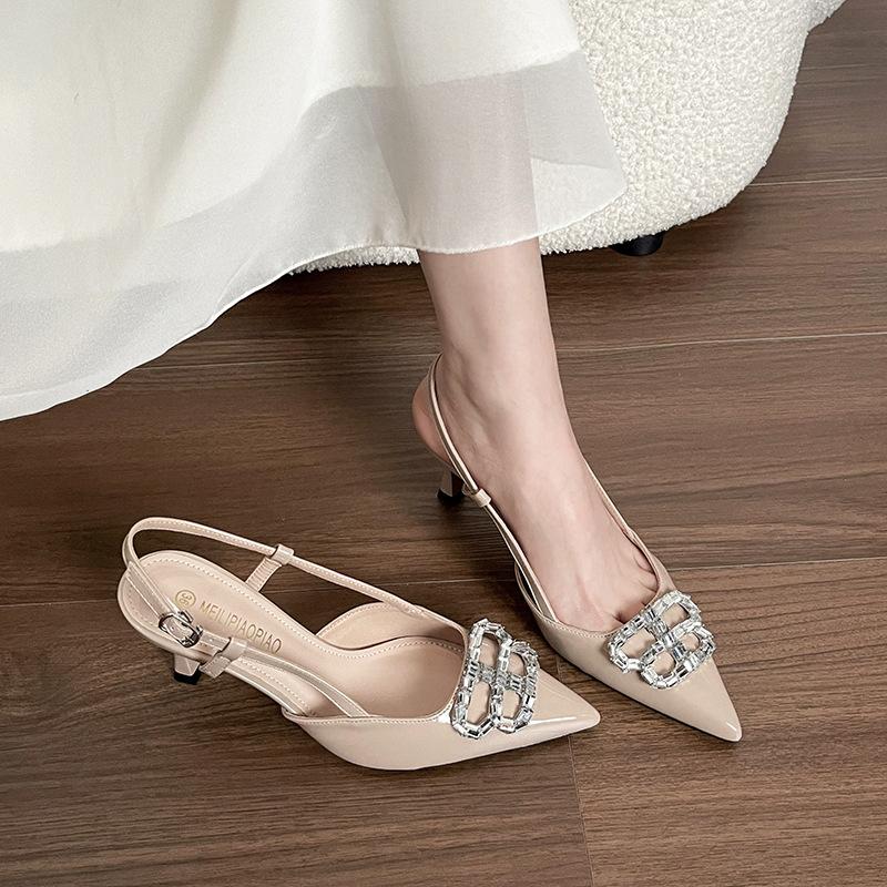 2025 новые однословные туфли-лодочки на высоком каблуке с двойной пряжкой в стразах, телесная лакированная кожа, с острым носком, босоножки на тонком каблуке, босоножки с закрытым носком