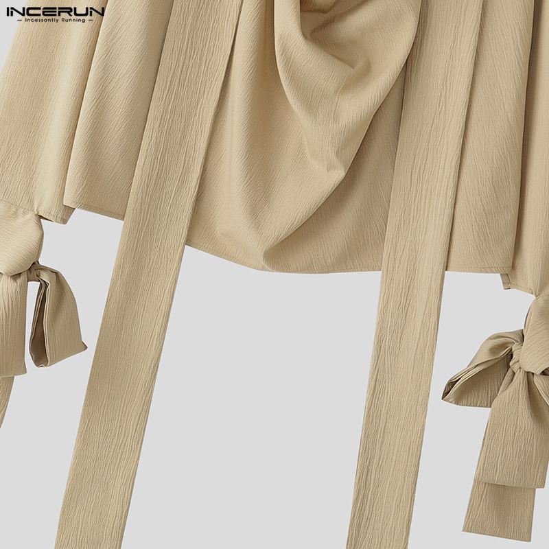 INCERUN Мужские рубашки оверсайз с отложным воротником, длинным рукавом, оборками и неровным низом