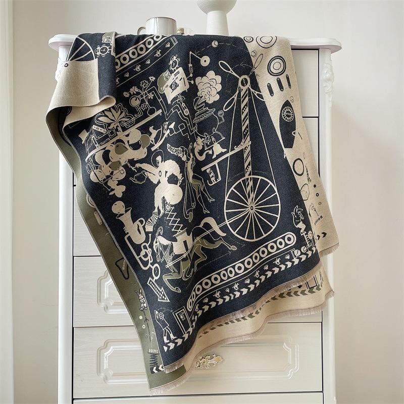 2024 Autumn/Winter New Color Blocked Imitation Cashmere Women'S Tassel Shawl Thickened Warm Double Sided Jacquard Wool Scarf