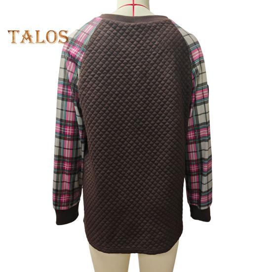 Женская толстовка осень-весна с принтом в клетку, с круглым вырезом, свободная, с длинными рукавами, с ромбовидной текстурой, повседневная одежда, спортивный топ