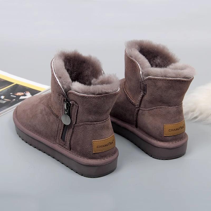 Модные цельные зимние ботинки из натуральной кожи на молнии из шерсти для женщин, зимние короткие утолщенные ботинки из шерсти и хлопка, нескользящие короткие ботинки