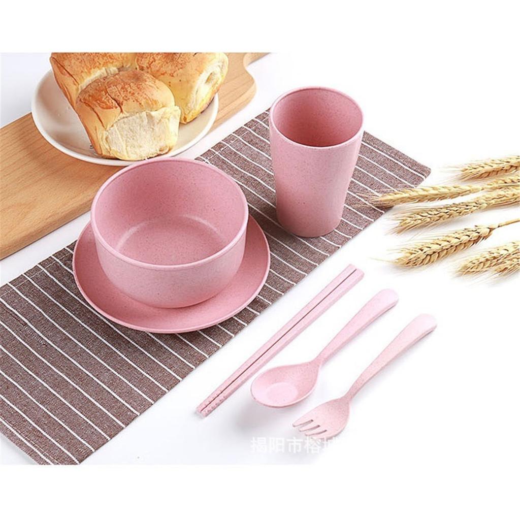 6Pcs Wheat Straw Dinnerware Set for Kids, Reusable Eco-Friendly Tableware Includes Bowl Plate Spoon Fork Chopsticks, Portable Gift Utensils