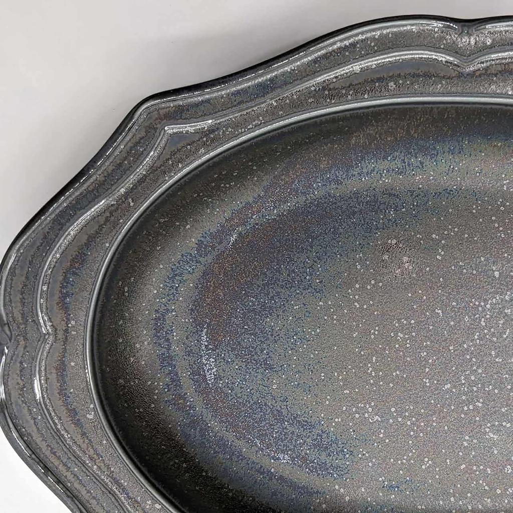 Utsuwa Roan Mino Ware Овальная тарелка с рельефным узором Диаметр приблизительно 25 x 18 см Картон Серебряный Черный Сияющий Ichiyo Toen Подходит для микроволновой печи Сделано в