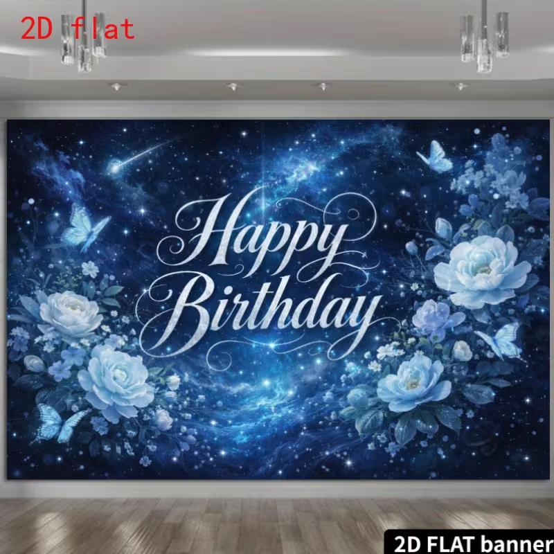 2D Dark Blue Galaxy Happy Birthday Backdrop with Flowers and Butterflies Party Banner