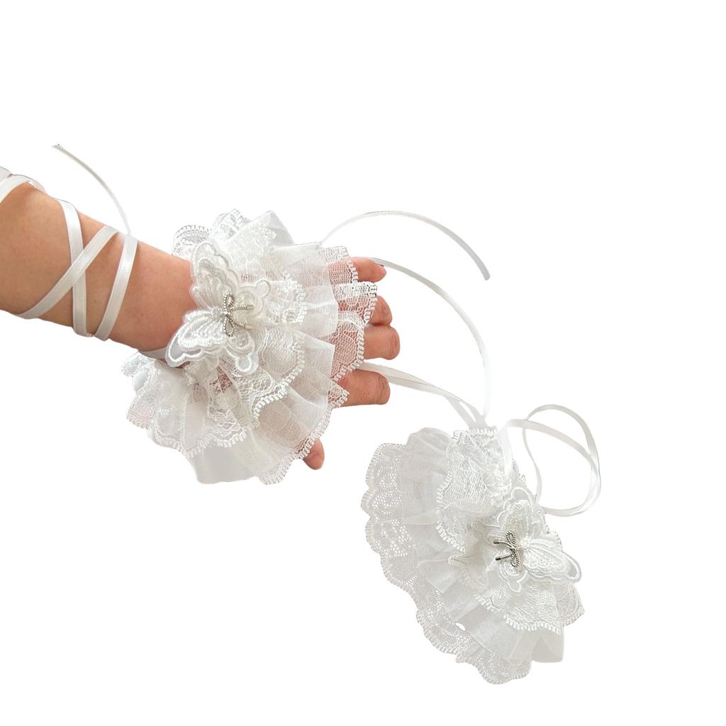 Lolita Ribbon Wrist Cuffs Detachable Wristband Elegant Pleated Lace Brim False Wristband for Balletcore Accessories