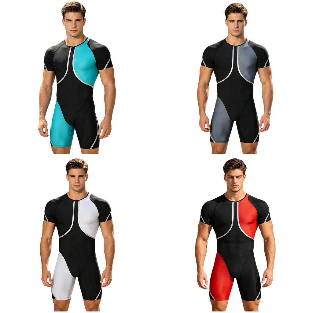 Men‘s Metallic Trim Color Block Swim Jumpsuit Short Sleeve Thigh Length Bodysuit with Back Hidden Zipper for Swimming Training