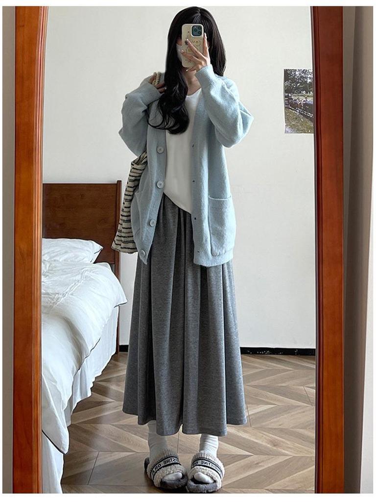 Темно-серая юбка А-силуэта с высокой талией для ранней осени: Женская повседневная струящаяся стройнящая юбка