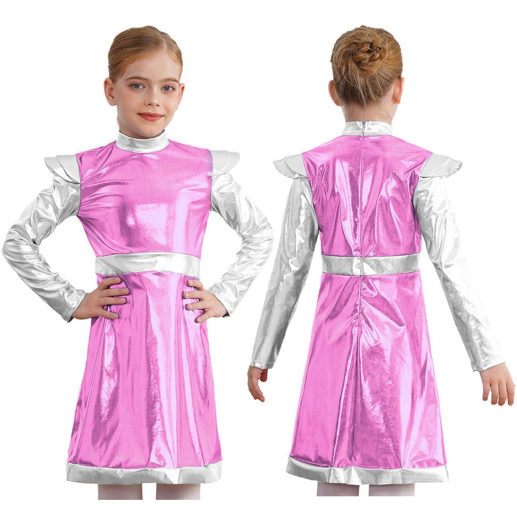 Костюм Космическая Милашка для Девочки: Мерцающее Пэчворк-платье с инопланетным дизайном из ПУ для Хэллоуина и Sci-Fi Ролевых Вечеринок