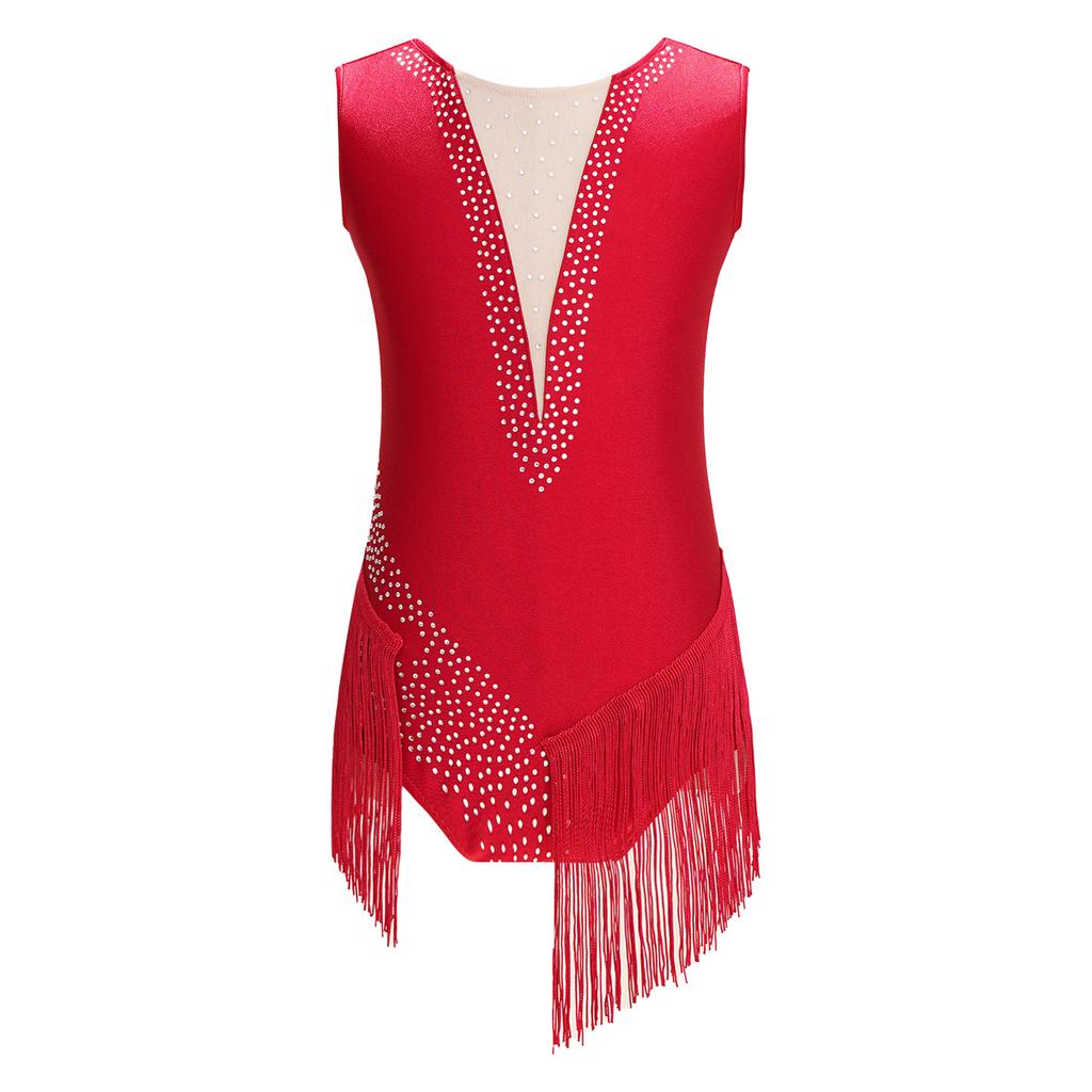 Детский костюм для художественной гимнастики, блестящий купальник с кисточками для танцевальных выступлений