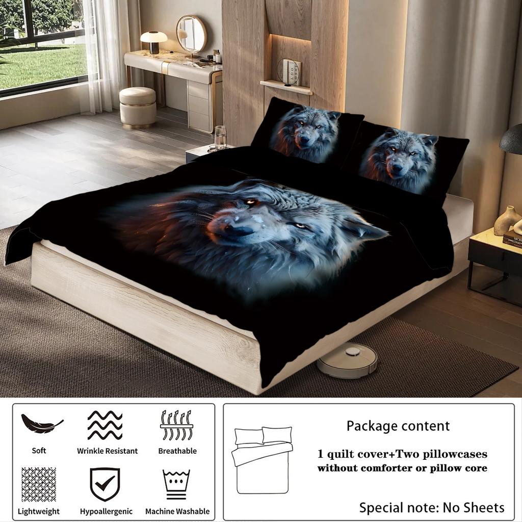 3-piece set, wolf pattern printed bedding set, queen, king, double bed, for bedroom, guestroom, hotel, home decoration