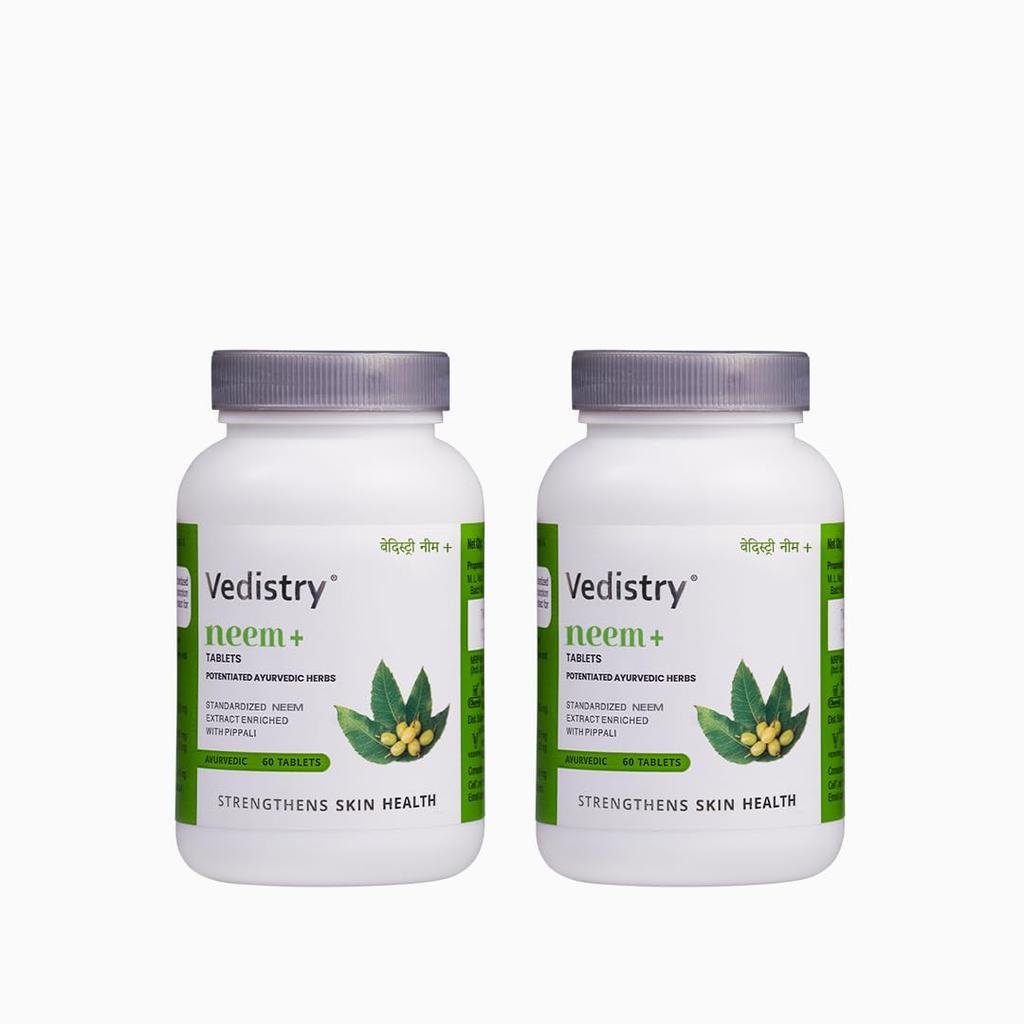 Таблетки Vedistry Neem+ | Борьба с акне и темными пятнами | Улучшает здоровье кожи | Натуральный очиститель крови (Упаковка из 2 таблеток - 60 шт.)